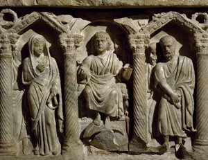 Sarcófago cristiano temprano también conocido como Sarcófago del Beato Giles, mármol, Oratorio de San Bernardino, Perugia, Umbría, detalle, Italia, siglo IV