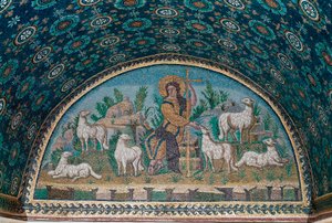 Buen pastor. Mosaico del bisel sobre la puerta de entrada del Mausoleo de Gala Placidia, c.425 (mosaico)