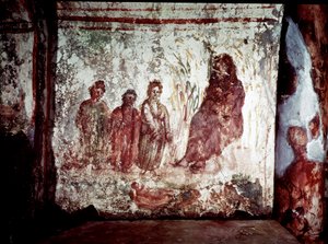 Arte paleocristiano: Moisés rescatado de las aguas del Nilo por la hija del faraón. Fresco de la Catacumba de Via Latina en Roma. Siglo IV de Paleo Christian