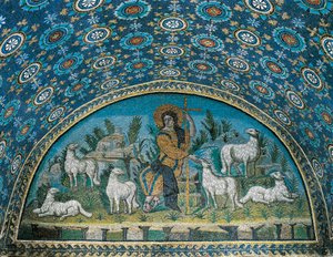 El Buen Pastor, Mosaico del bisel sobre la puerta de entrada del Mausoleo de Galla Placidia, c425 (mosaico)