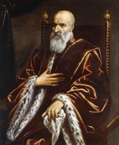 Retrato de un senador veneciano, sentado de tres cuartos de longitud, con una capa de terciopelo rojo de Palma Il Giovane