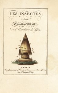 Página de título con título caligráfico y viñeta de colmena con abejas de Pancrace (after) Bessa