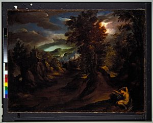 Un paisaje montañoso boscoso con Antiope dormida