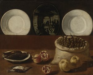 Naturaleza muerta con platos, un saco lleno de aceitunas, caza, granadas y membrillo