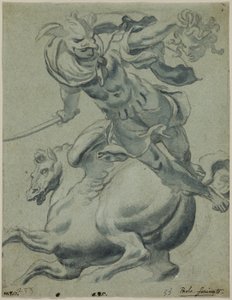 Perseo sostiene la cabeza de Medusa, con Pegaso al fondo de Paolo Farinati