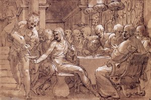 La cena de San Gregorio, dibujo de Paolo Farinati (1524-1606), acuarela parda, pluma, mina blanca y lápiz negro, Italia