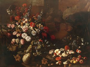 Naturaleza muerta con flores, frutas, setas y pájaros de Paolo Porpora
