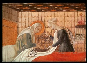 Nacimiento de la Virgen, detalle de Santa Ana y una asistente de Paolo Uccello