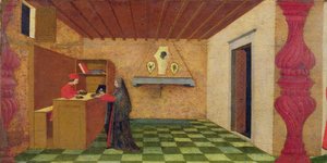 Predela de la Profanación de la Hostia: La mujer cristiana obligada a rescatar su manto a precio de la hostia consagrada por un prestamista judío, c.1467-69 (temple sobre tabla) (detalle)