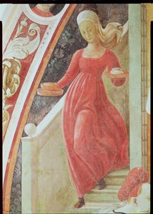 El Nacimiento de la Virgen, una sirvienta bajando una escalera, del ciclo de frescos de Las Vidas de la Virgen y San Esteban (detalle)