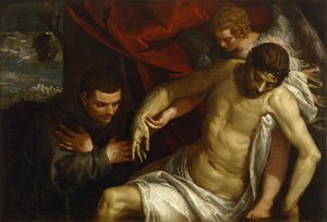 Cristo muerto sostenido por un ángel y adorado por un franciscano de Paolo Veronese