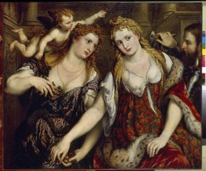 Flora, Venus, Marte y Cupido (Flora, Venus, Marte y Cupido). Pintura de Paris Bordone (1500-1571), óleo sobre lienzo, hacia 1550. Arte italiano (Venecia)