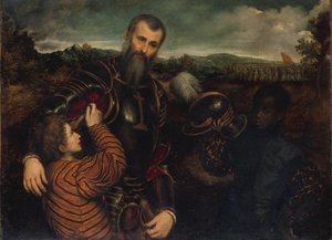 Retrato de un hombre en armadura con dos pajes de Paris Bordone
