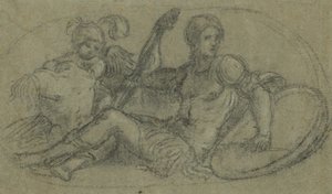 Figura masculina sentada con putto y armadura de Paris Bordone