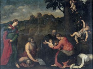 La Sagrada Familia con San Jerónimo, Santa Catalina de Alejandría y Ángeles de Paris Bordone