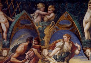 Acteón con sus compañeros (detalle) del Mito de Diana y Acteón, circa 1524 de Parmigianino