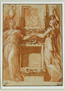 Dos canéforas cogidas de la mano a ambos lados de los cajones ... de Parmigianino (1503-40)