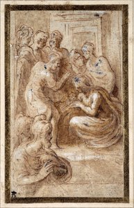 Adoración de la Sagrada Familia en un interior de Parmigianino 