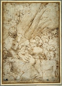 Pastor sosteniendo una pipa, descansando bajo un árbol con su perro entre su rebaño de Parmigianino