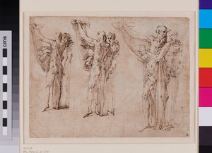 Tres estudios de San Jerónimo y San Francisco conversando, anverso c. 1534 - 1539 (pluma y tinta parda con aguada gris sobre papel verjurado)