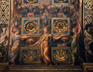 Tres vírgenes sabias, (detalle) de Tres vírgenes sabias y tres vírgenes necias, por Francesco Mazzola conocido como Il Parmigianino, fresco, parte inferior del arco del presbiterio, Santuario de Santa Maria della Steccata, Parma, Emilia-Romaña, Italia de Parmigianino