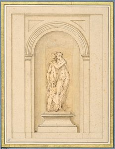 Dos figuras y un cupido rodeados de un marco arquitectónico posterior. de Parmigianino
