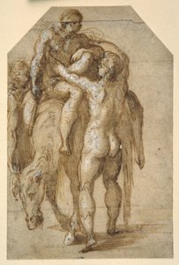Dos hombres desnudos levantando a un hombre enfermo de un caballo cansado