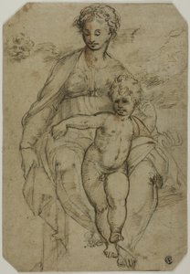 Virgen y Niño (recto); Boceto de tres santos y boceto de caricatura (verso)