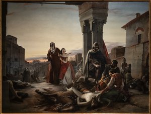 La madre de Ricciardino Langosco buscando el cadáver de su hijo asesinado durante la conquista de Pavía a manos de Matteo Visconti en 1315 de Pasquale Massacra