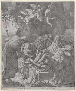 Cristo siendo colocado en el sepulcro mientras la Virgen llora detrás, 1600-30 de Pasquale Ottino