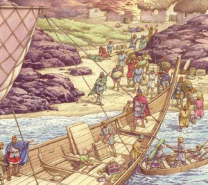 Una incursión vikinga (gouache sobre papel)