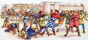 Un partido de fútbol sin reglas con la vejiga de un cerdo de Pat (1907-95) Nicolle