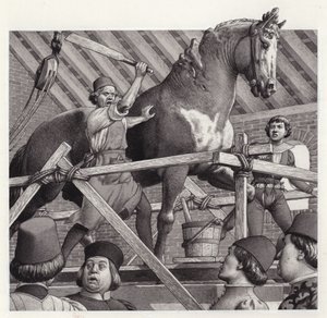 Andrea Verrocchio rompe la cabeza de su estatua de un caballo (gouache sobre papel)