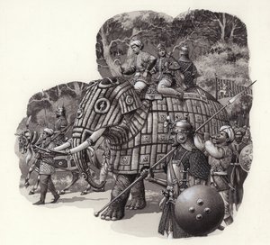 Elefante blindado del ejército chino (gouache sobre papel)
