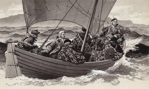 Bonnie Prince Charlie parte hacia la isla de Skye (gouache sobre papel)