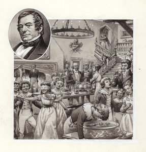 Celebraciones navideñas en casa de un squre inglés (gouache sobre papel)