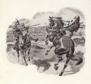 Caballeros en la batalla de Poitiers (gouache sobre papel)