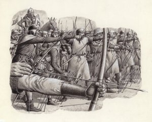 Arqueros en la batalla de Falkirk (gouache sobre papel)