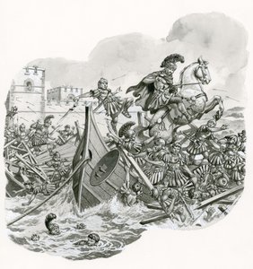 La batalla final del puente Milvio en 312 d.C. (gouache sobre papel)