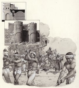 Las obras de las primeras murallas de El Cairo comenzaron en 969 d.C. (gouache sobre papel)