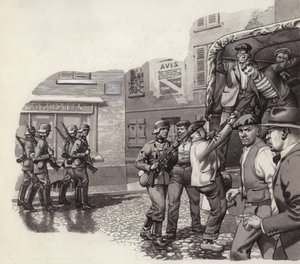 Un soldado alemán ayuda a escapar a unos prisioneros de un camión (gouache sobre papel)