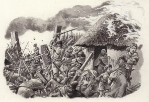 Una legión romana asola el castillo de Maiden (gouache sobre papel)