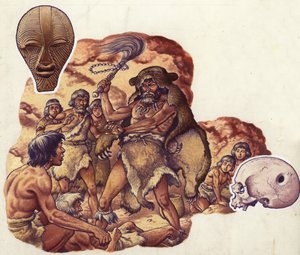 Un médico de la Edad de Piedra expulsa al diablo causante de la enfermedad de sus semejantes (gouache sobre papel)