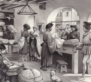 Una tienda de paños en la Italia del Renacimiento (gouache sobre papel)
