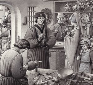 Una orfebrería en la Italia del siglo XV (gouache sobre papel)