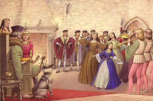 Una fiesta siguió la llegada de Catalina de Aragón a Inglaterra para casarse (gouache sobre papel)