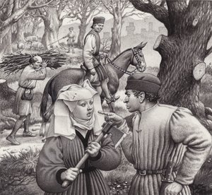 Una mujer se encuentra en apuros al cortar la rama de un árbol (gouache sobre papel)