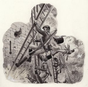 Soldados británicos bajo el fuego de los franceses durante el ataque a Badajoz (gouache sobre papel) de Pat (1907 95) Nicolle