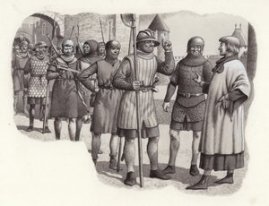 Soldados de infantería del siglo XIV (gouache sobre papel)