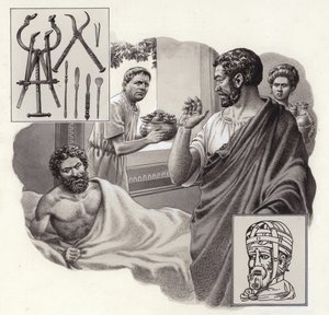El médico Galeno arriesga su vida al decirle a un emperador romano que ha estado comiendo en exceso (gouache sobre papel)